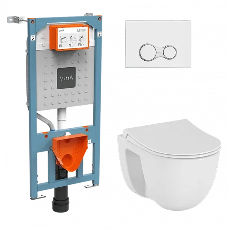 Комплект: подвесной безободковый унитаз S40 SmoothFlush с тонким сиденьем с микролифтом, инсталляцией и панелью управления глянцевый хром